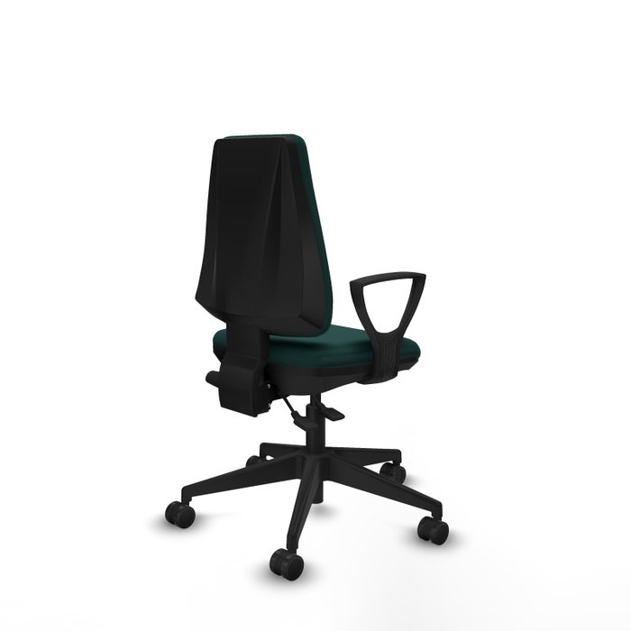 Silla de oficina Elche con mecanismo Asincro tapizada con Similpiel color Verde botella. Equipada con Base piramidal negra, Brazos fijos y Ruedas 65mm nailon