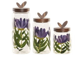 DKD Home Decor Set de 3 Botes de Cristal y Acacia con Diseño de Flores