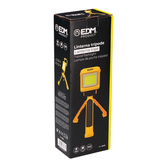 EDM Linterna Trípode Plegable de Trabajo 2000 Lúmenes con Carga USB-C y Función Power Bank, Foco Giratorio 360°, Base Imantada, IP65