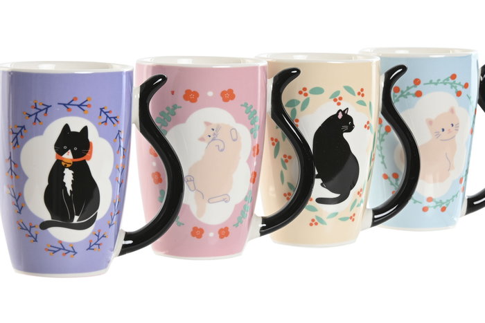 DKD Home Decor Tazas de Porcelana con Diseño de Gatos, Surtido de 4 Colores, Pack de 12 unidades DKD Home Decor Tazas de Porcelana con Diseño de Gatos, Surtido de 4 Colores, Pack de 12 unidades