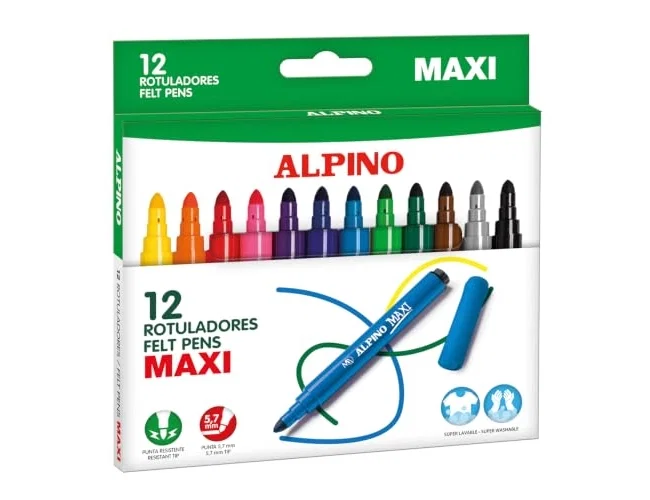 Alpino Maxi Rotuladores Punta Gruesa de 6 mm, Estuche de 12 Colores Surtidos Alpino Maxi Rotuladores Punta Gruesa de 6 mm, Estuche de 12 Colores Surtidos