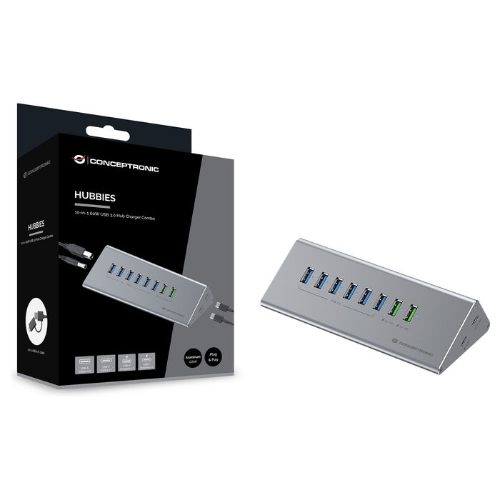 Conceptronic HUBBIES18G Hub USB-A 3.0 / USB-C con 6 x USB-A 3.0 y Ethernet Gigabit Gris