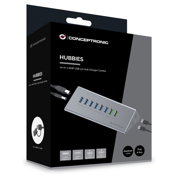 Conceptronic HUBBIES18G Hub USB de 10 puertos con 60 W de carga
