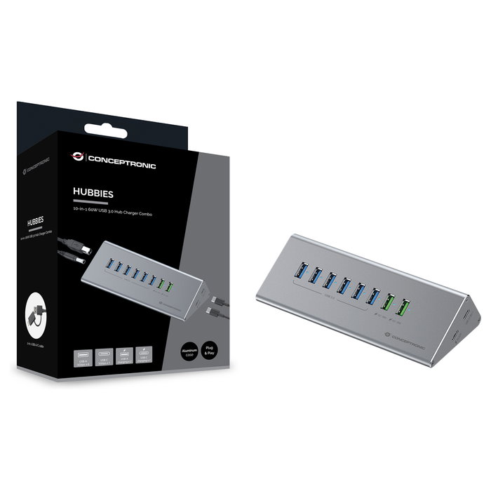 Conceptronic HUBBIES18G Hub USB de 10 puertos con 60 W de carga