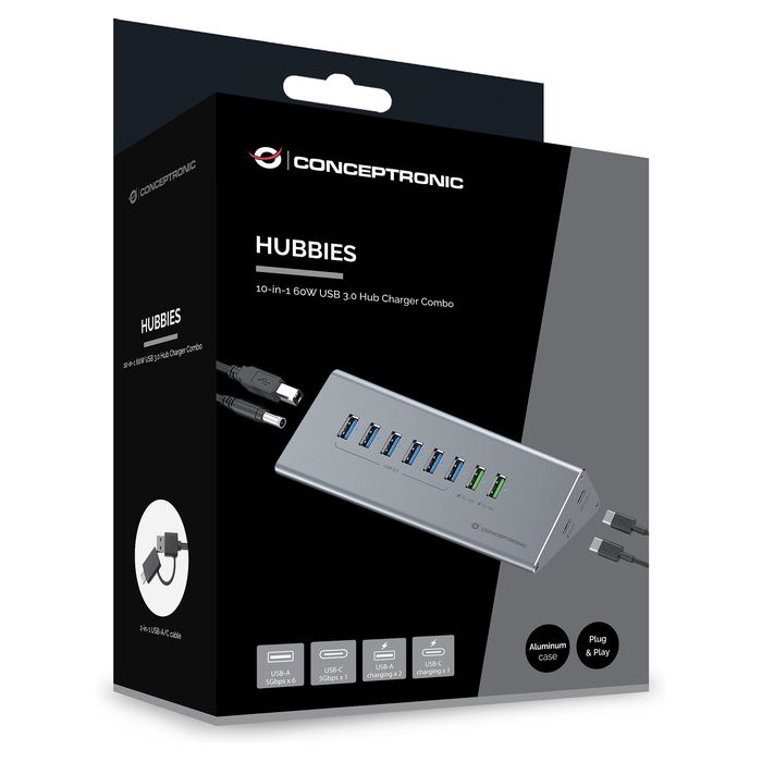 Conceptronic HUBBIES18G Hub USB-A 3.0 / USB-C con 6 x USB-A 3.0 y Ethernet Gigabit Gris