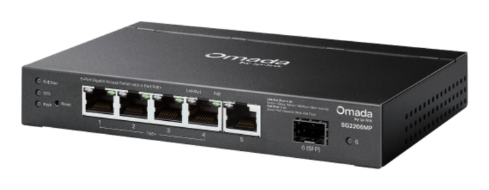 TP-Link SG2206MP Switch L2 Gigabit Ethernet con 5 Puertos RJ-45, 1 Puerto SFP y PoE, Montaje en Rack