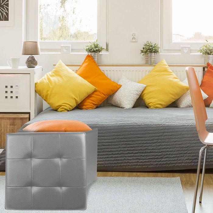 Home Deco Factory Caja-Puf Plegable Gris para Almacenamiento y Asiento 38x38x38 cm