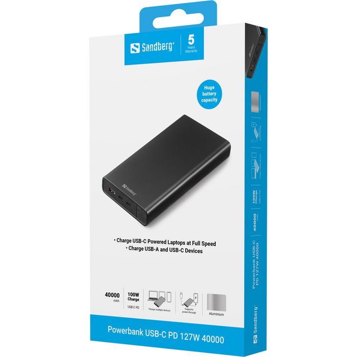 Sandberg Powerbank USB-C PD 127W 40000mAh Aluminio Alta Velocidad Carga Rápida Portátil Sandberg Powerbank USB-C PD 127W 40000mAh Aluminio Alta Velocidad Carga Rápida Portátil