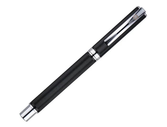 Belius Turbo Roller y estuche aluminio textura punteada negro plateado tinta negro caja de diseño