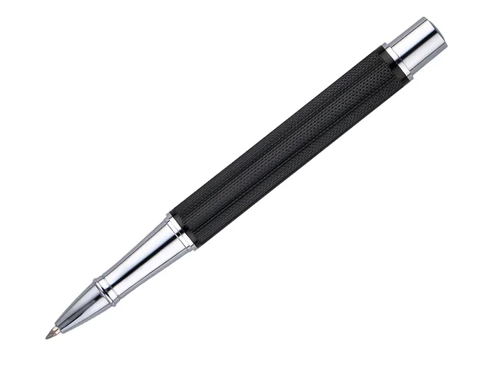 Belius Turbo Roller y estuche aluminio textura punteada negro plateado tinta negro caja de diseño