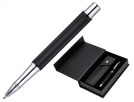 Belius Turbo Roller y estuche aluminio textura punteada negro plateado tinta negro caja de diseño