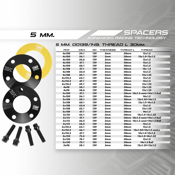Omp OMPS08180501 Juego de Separadores 5 mm PCD 4x108 para Llantas de Aluminio, Fabricados en Aluminio Forjado 6061-T6