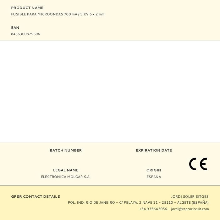 Molgar Fusible para Microondas 700mA / 5kV 6x2mm