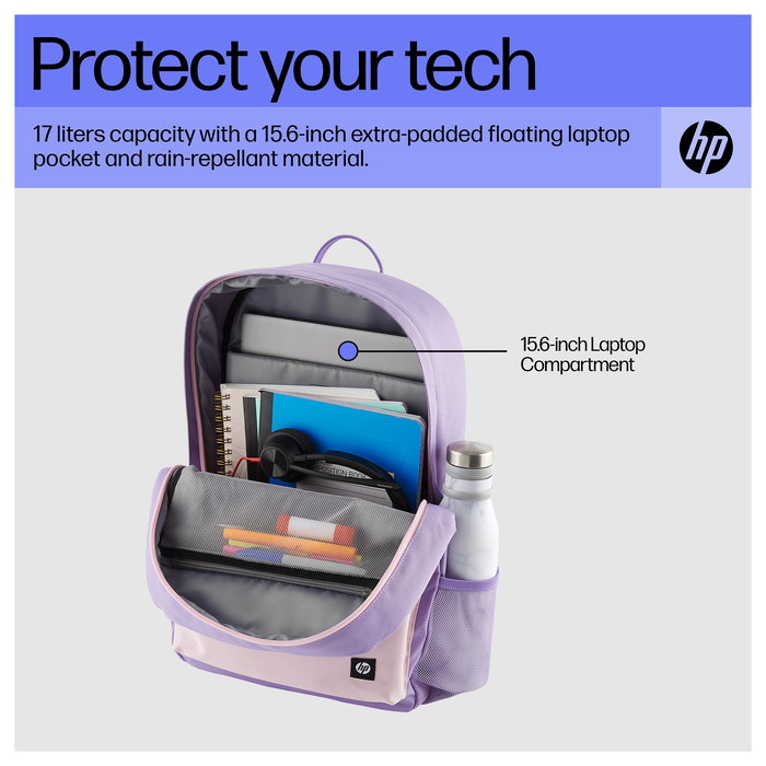 HP Mochila Campus Lavanda - Mochila Resistente al Agua para Portátil de 15.6 Pulgadas (39.6 cm), Compartimento para Tableta, Poliéster Reciclado