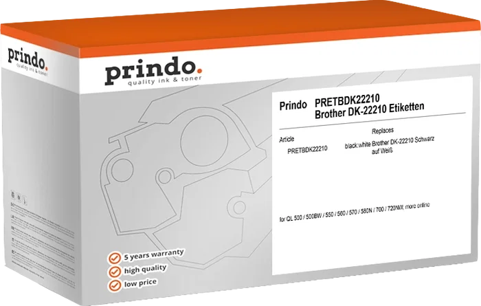 Prindo Compatible con Brother DK-22210 Etiquetas Continuas 29mm x 30, Negro sobre Blanco, 30,48 m