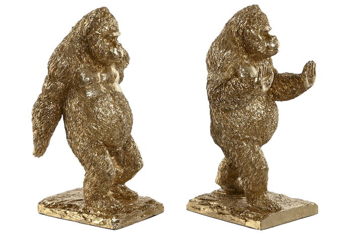 DKD Home Decor Sujetalibros Gorila Dorado Resina Set 2 Piezas 12.5 x 24 x 13 cm