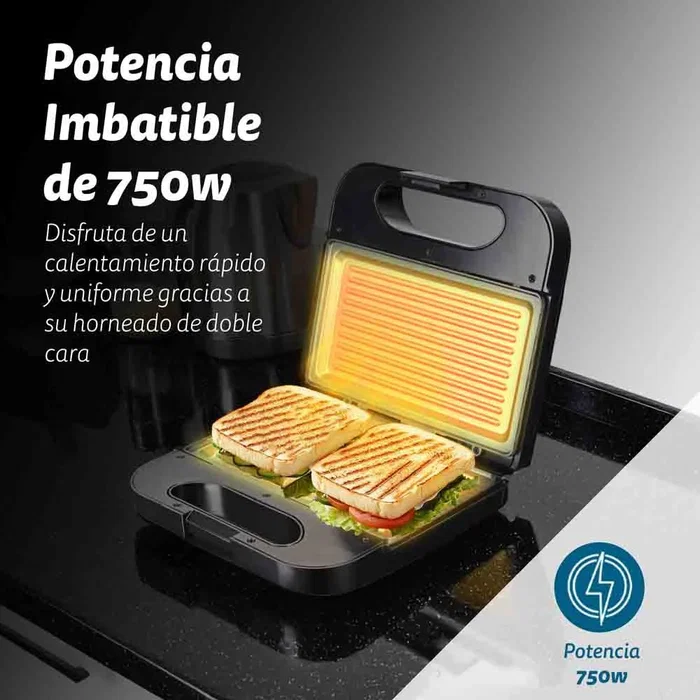 Grunkel SAN-GRILLNG Sandwichera Grill 750W, Placas Antiadherentes sin Corte para 2 Bocadillos, Carcasa Acero Inoxidable