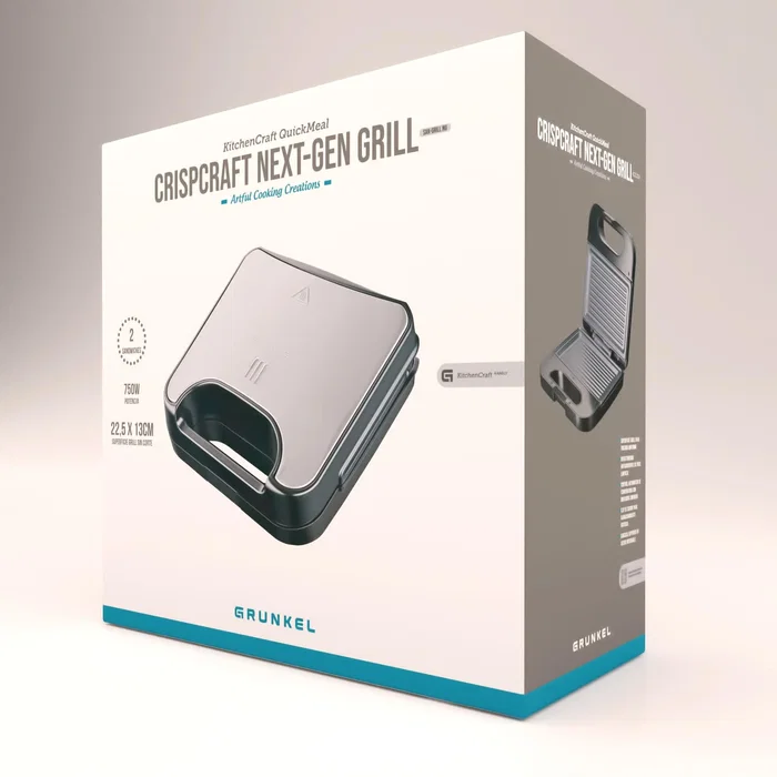 Grunkel SAN-GRILLNG Sandwichera Grill 750W, Placas Antiadherentes sin Corte para 2 Bocadillos, Carcasa Acero Inoxidable