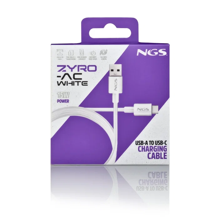 NGS ZYRO-AC Cable USB-A a USB-C 2.0, 1m Blanco, Carga Rápida hasta 15W, Datos 480Mbps, Compatible Smartphones, Portátiles, Tabletas