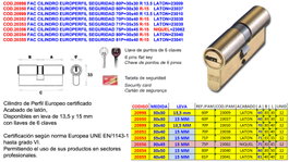 EUROPERFIL Cilindro de Seguridad 60P 30x30 R-15 Latón