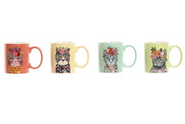 DKD Home Decor Tazas de Porcelana con Motivos de Gatos, Surtido de 4 Colores, 360ml