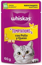 Whiskas Snacks Temptations Pollo con Queso 6x60gr, Bocaditos Crujientes para Gatos