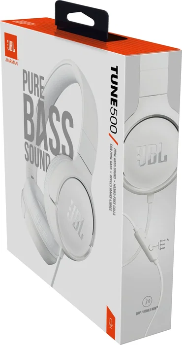 JBL Auriculares JBL Tune 500 Blancos con Micrófono Integrado y Conector Jack 3.5 mm, Diadema Circumaural Plegable para Música