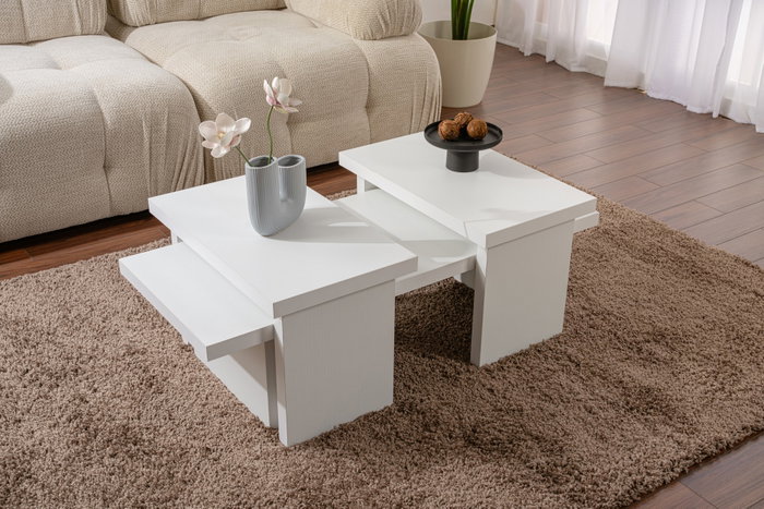 Nordure Juego de Mesas de Café Wood White, 2 Piezas, Blanco Madera, Mesa Auxiliar Moderna para Salón