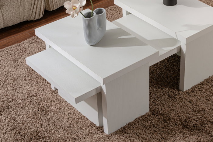 Nordure Juego de Mesas de Café Wood White, 2 Piezas, Blanco Madera, Mesa Auxiliar Moderna para Salón