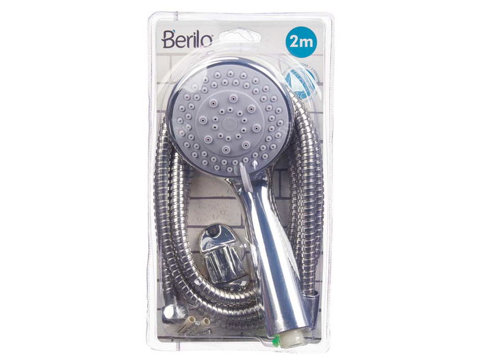 Berilo Teléfono de Ducha con Manguera de 2 m, Base Gris, Metal, 3 Niveles, Dimensiones 14x24.5x4.5 cm (Set de 12)