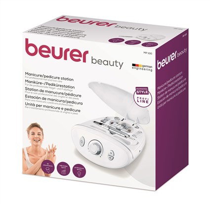 Beurer MP-100 Set Manicura y Pedicura Profesional 20.000 rpm Regulador Continuo Velocidad Derecha Izquierda Zafiro Papel Lija
