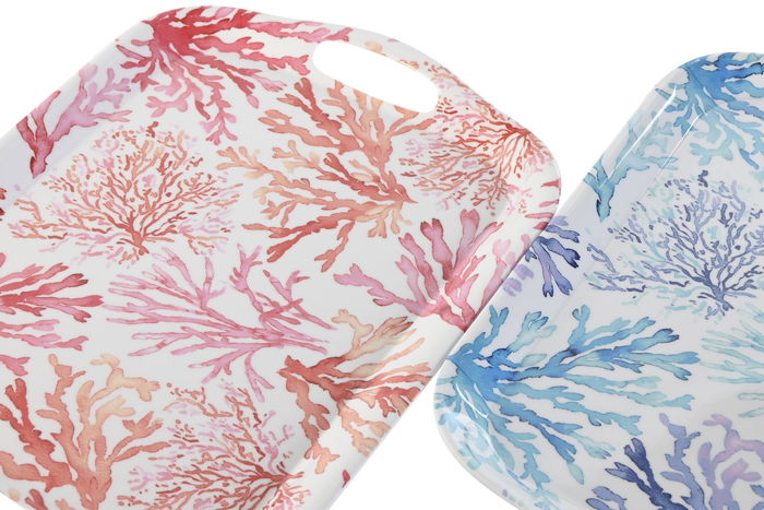 DKD Home Decor Bandeja Mediterraneo Coral Verde Menta Melamina 26 x 2.5 x 36 cm (6 Unidades)