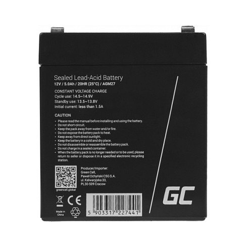 Green Cell AGM27 Batería Plomo Ácido Sellada (VRLA) 12V 5Ah, 1 Unidad, Color Negro, 5 Años de Duración