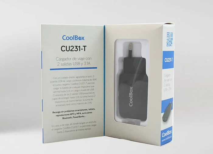 Coolbox Cargador USB de Pared 3.1A con 2 Puertos, 15W, Universal, 5V, Negro, Modelo CU231-T