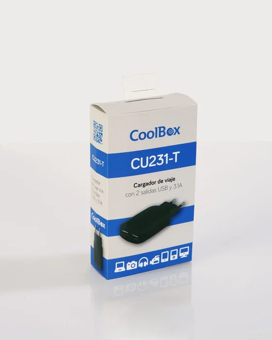 Coolbox Cargador USB de Pared 3.1A con 2 Puertos, 15W, Universal, 5V, Negro, Modelo CU231-T