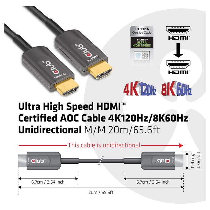 Club 3D Cable HDMI 2.1 Activo Optico 8K 60Hz Ultra HD 4K 20 Metros Alta Velocidad HDR VRR