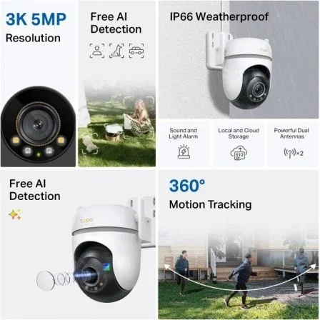 TP-Link Cámara Vigilancia Exterior TC43 3K Visión Nocturna Color Starlight Detección IA Movimiento Mascotas Vehículos WiFi Ethernet IP66 APP