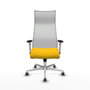 Sillón Albacete con mecanismo Sincro tapizada con Tela color Amarillo y malla color Blanco. Equipado con Base aluminio, Brazos 1D y Ruedas 65 mm parqué