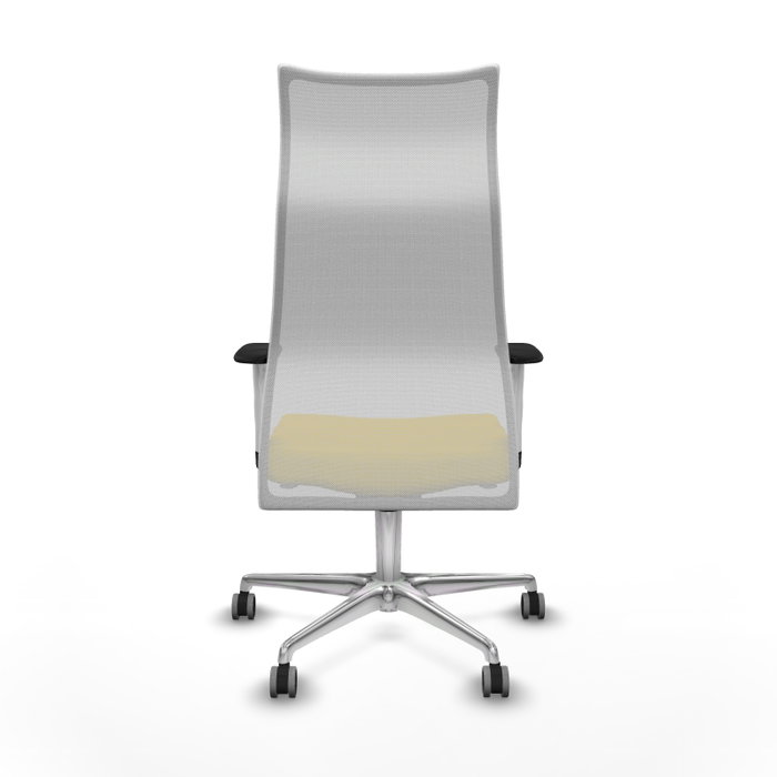 Sillón Albacete con mecanismo Sincro tapizada con Tela color Amarillo y malla color Blanco. Equipado con Base aluminio, Brazos 1D y Ruedas 65 mm parqué