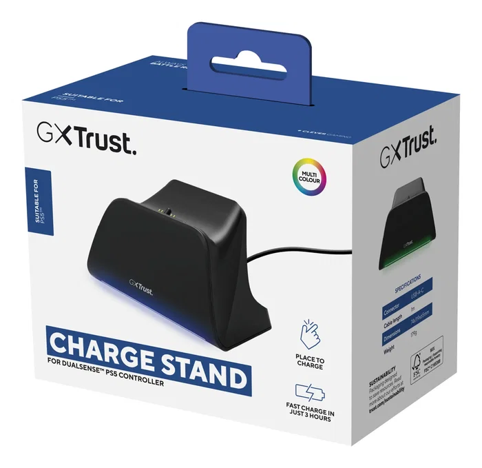 Trust GXT 255 Soporte de Carga Rápida para PS5 con LED, Base para DualSense, Negro, Cable USB-C Incluido