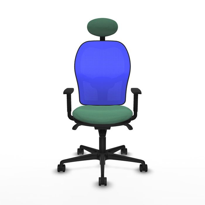 Silla de oficina Jorquera con mecanismo Sincro tapizada con Tela color Verde esmeralda y malla color Azul. Equipada con lumbar 1D, Brazos 1D, Cabecero Fijo y Ruedas 65mm nailon