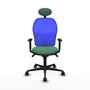 Silla de oficina Jorquera con mecanismo Sincro tapizada con Tela color Verde esmeralda y malla color Azul. Equipada con lumbar 1D, Brazos 1D, Cabecero Fijo y Ruedas 65mm nailon