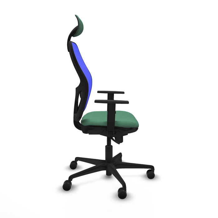 Silla de oficina Jorquera con mecanismo Sincro tapizada con Tela color Verde esmeralda y malla color Azul. Equipada con lumbar 1D, Brazos 1D, Cabecero Fijo y Ruedas 65mm nailon