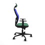 Silla de oficina Jorquera con mecanismo Sincro tapizada con Tela color Verde esmeralda y malla color Azul. Equipada con lumbar 1D, Brazos 1D, Cabecero Fijo y Ruedas 65mm nailon