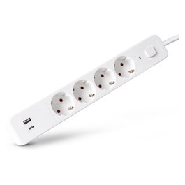 ENTAC Regleta de enchufes 4 salidas CA, 1 USB-A y 1 USB-C, 1,5 m, Blanco