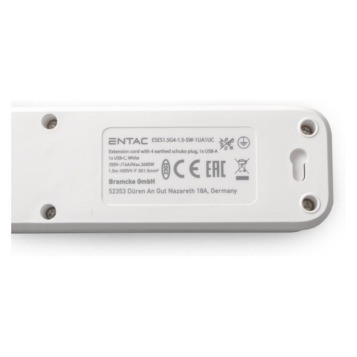 ENTAC Regleta de enchufes 4 salidas CA, 1 USB-A y 1 USB-C, 1,5 m, Blanco