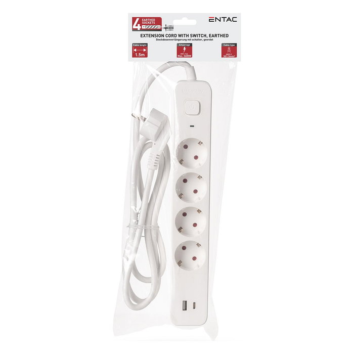 ENTAC Regleta de enchufes 4 salidas CA, 1 USB-A y 1 USB-C, 1,5 m, Blanco