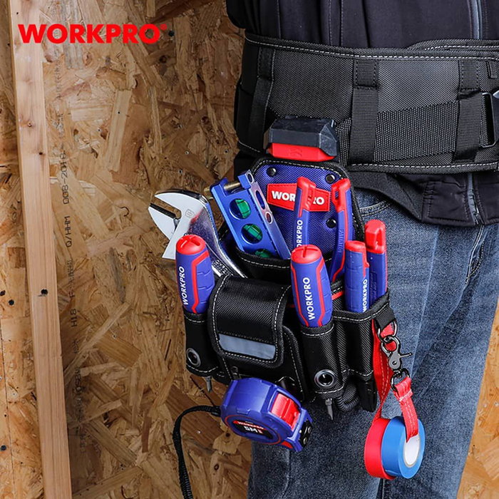 Workpro Bolsa Pequeña para Electricista, Poliéster 1800D, Varios Bolsillos, Tira Reflectante, 210 x 120 x 280 mm