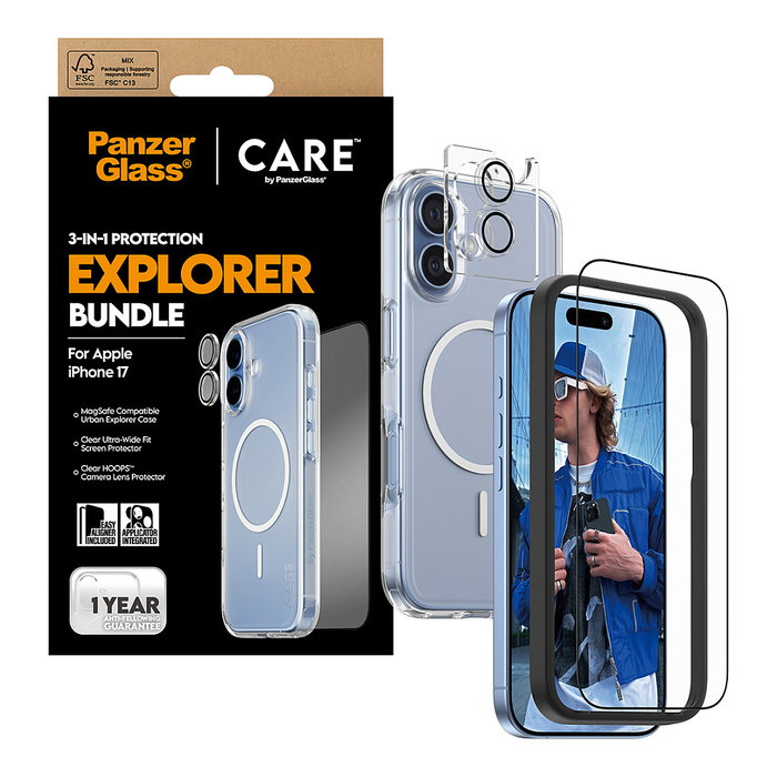 PanzerGlass Protector de Pantalla 3 en 1 CARE Explorer Set iPhone 17 de Cristal Templado Resistente a Rayones y Golpes, Kit Aplicación en Seco