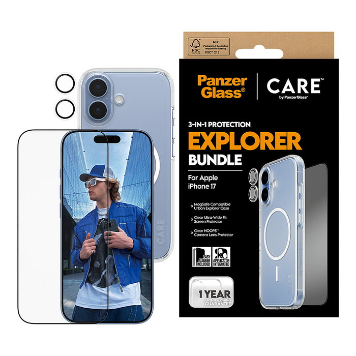 PanzerGlass Protector de Pantalla 3 en 1 CARE Explorer Set iPhone 17 de Cristal Templado Resistente a Rayones y Golpes, Kit Aplicación en Seco
